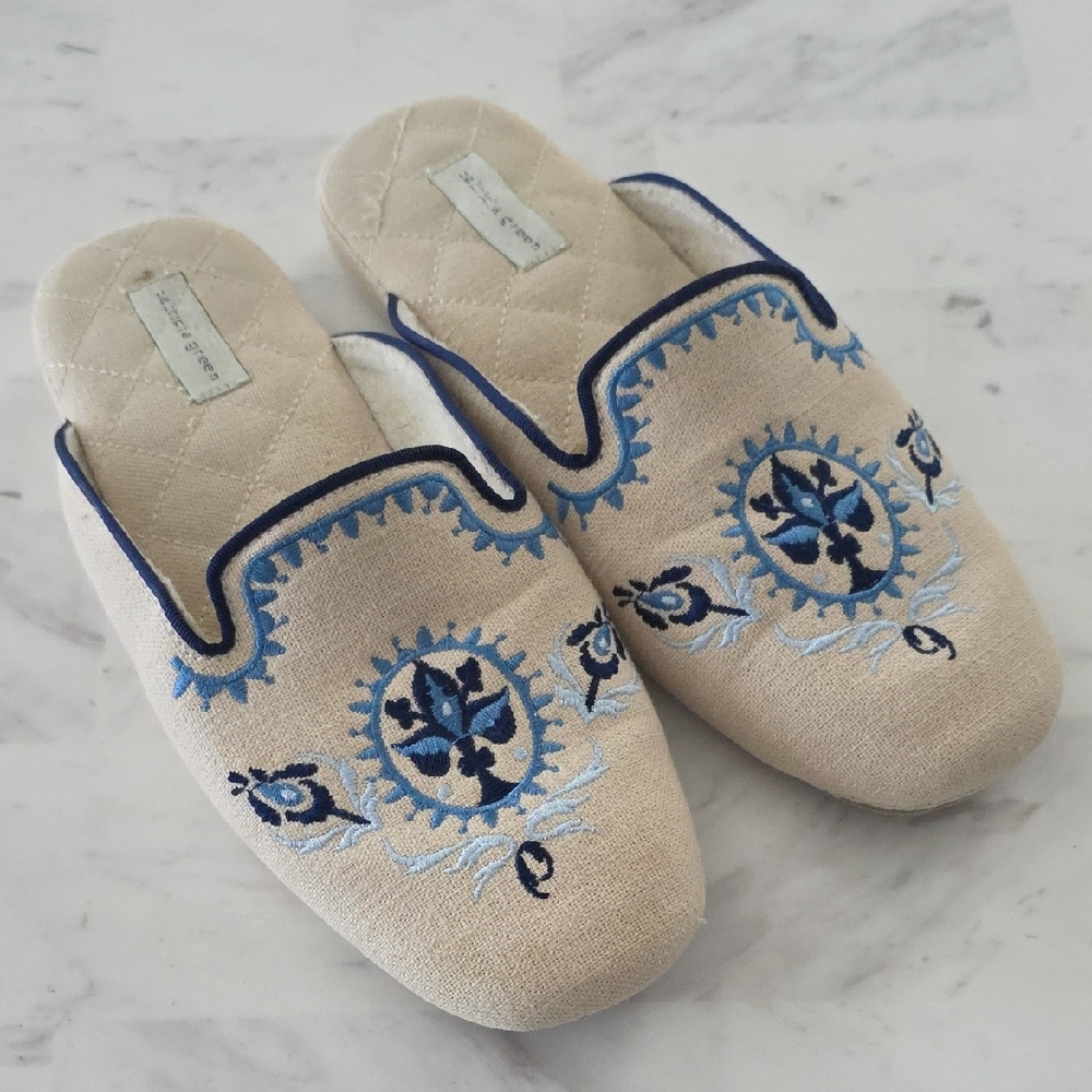 Patricia Green Beige and Blue Embroidered Slippers
